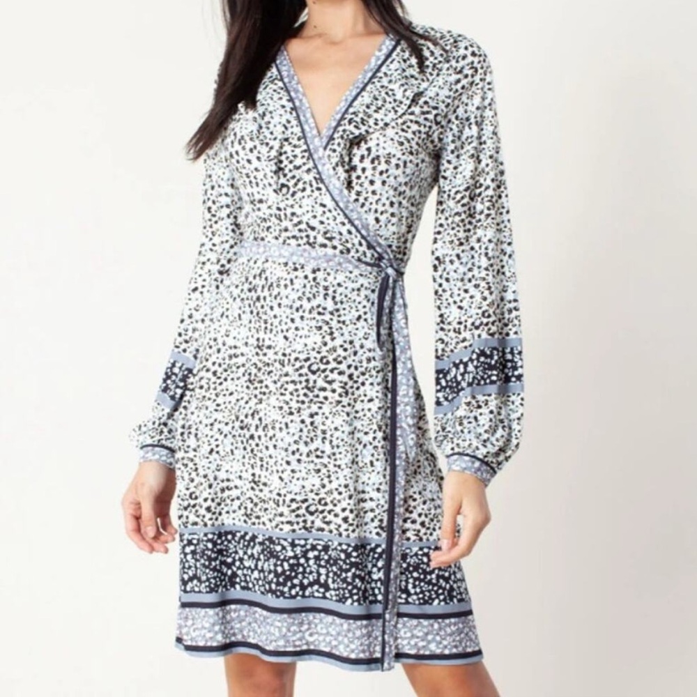 Hale Bob White and Navy Animal Print Long Sleeve Wrap Dress